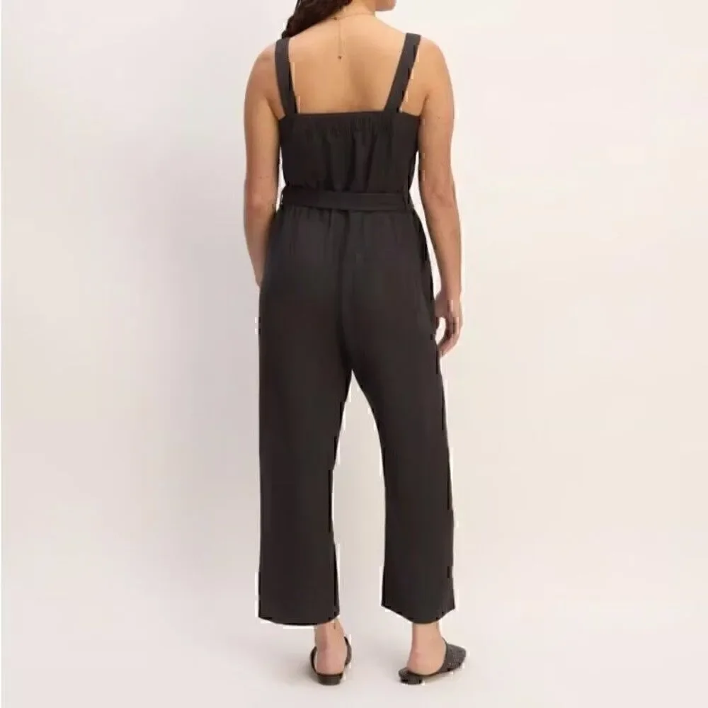 Everlane 100% European Flax Linen Black Side Button Jumpsuit Size 12 Wide Leg